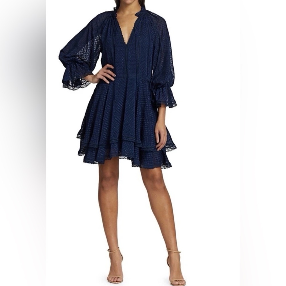 NWT Alice + Olivia Dress Double Handkerchief Hem Lace Tiered Sapphire Blue